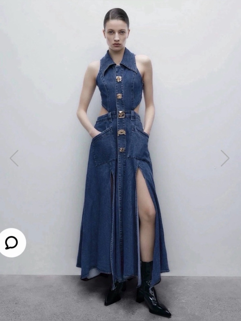 NWT Halter Denim Midi Dress with Statement Button Front